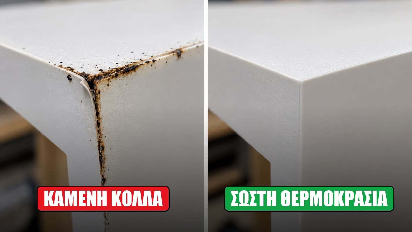 Ταινία περιθωρίου σε λευκή μελαμίνη: αριστερά μαύρα στίγματα από καμένη κόλλα, δεξιά καθαρή ένωση